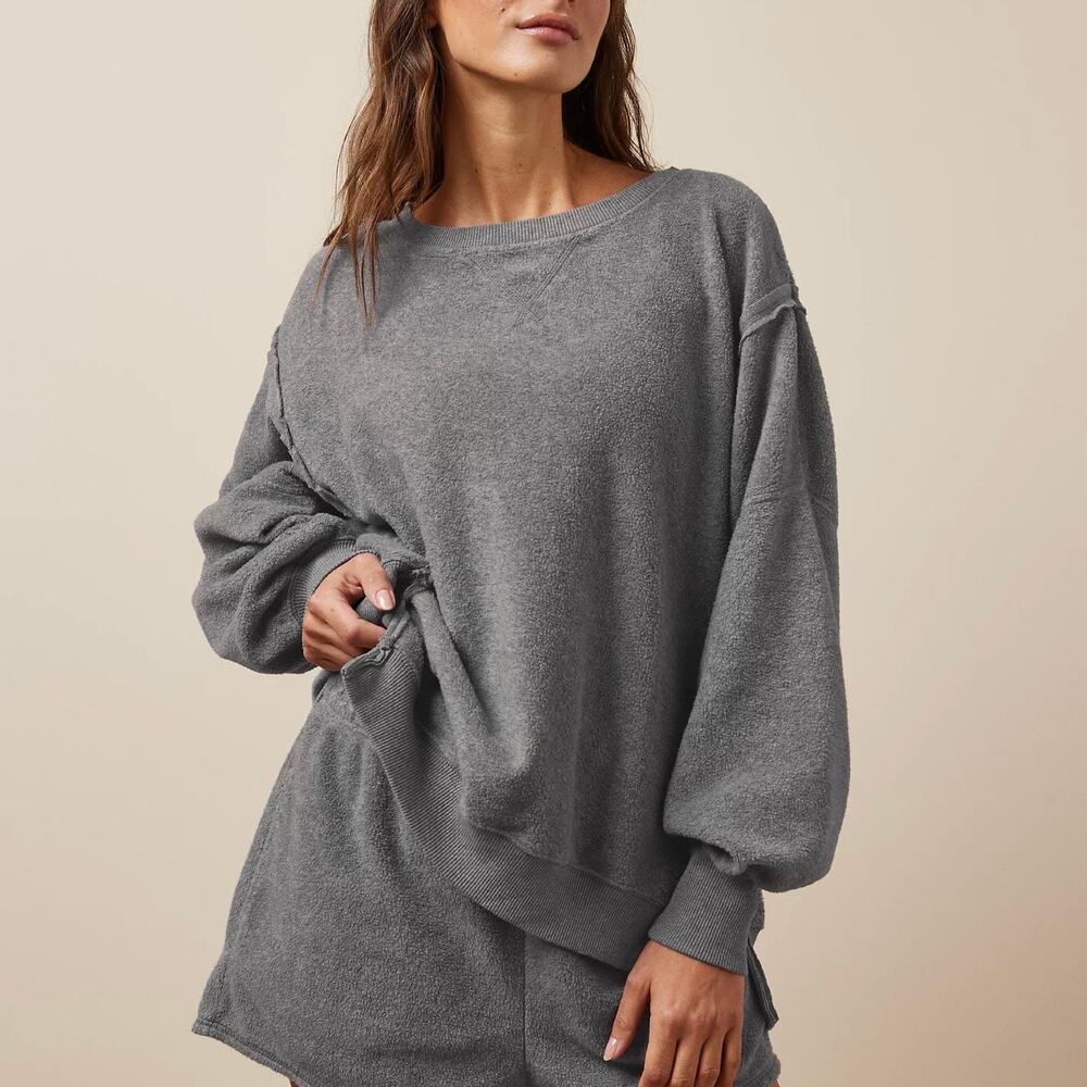 AERIE Big Hug Oversized Reverse Fleece Crewneck Sweatshirt Charcoal Gray XXS
